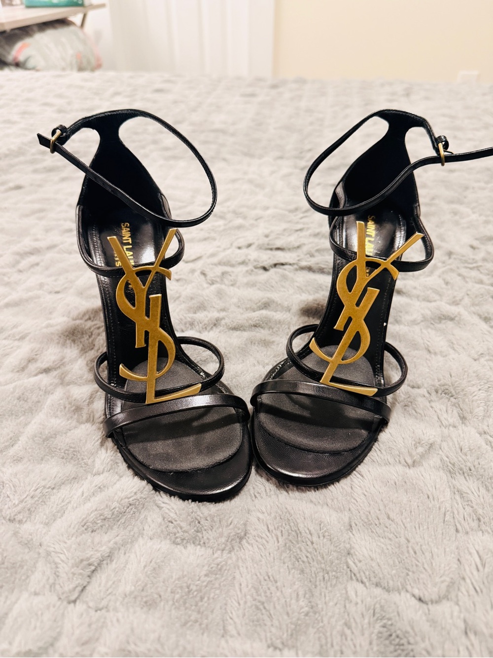 Yves Saint Laurent Black Leather Strappy Heels with Gold YSL Logo